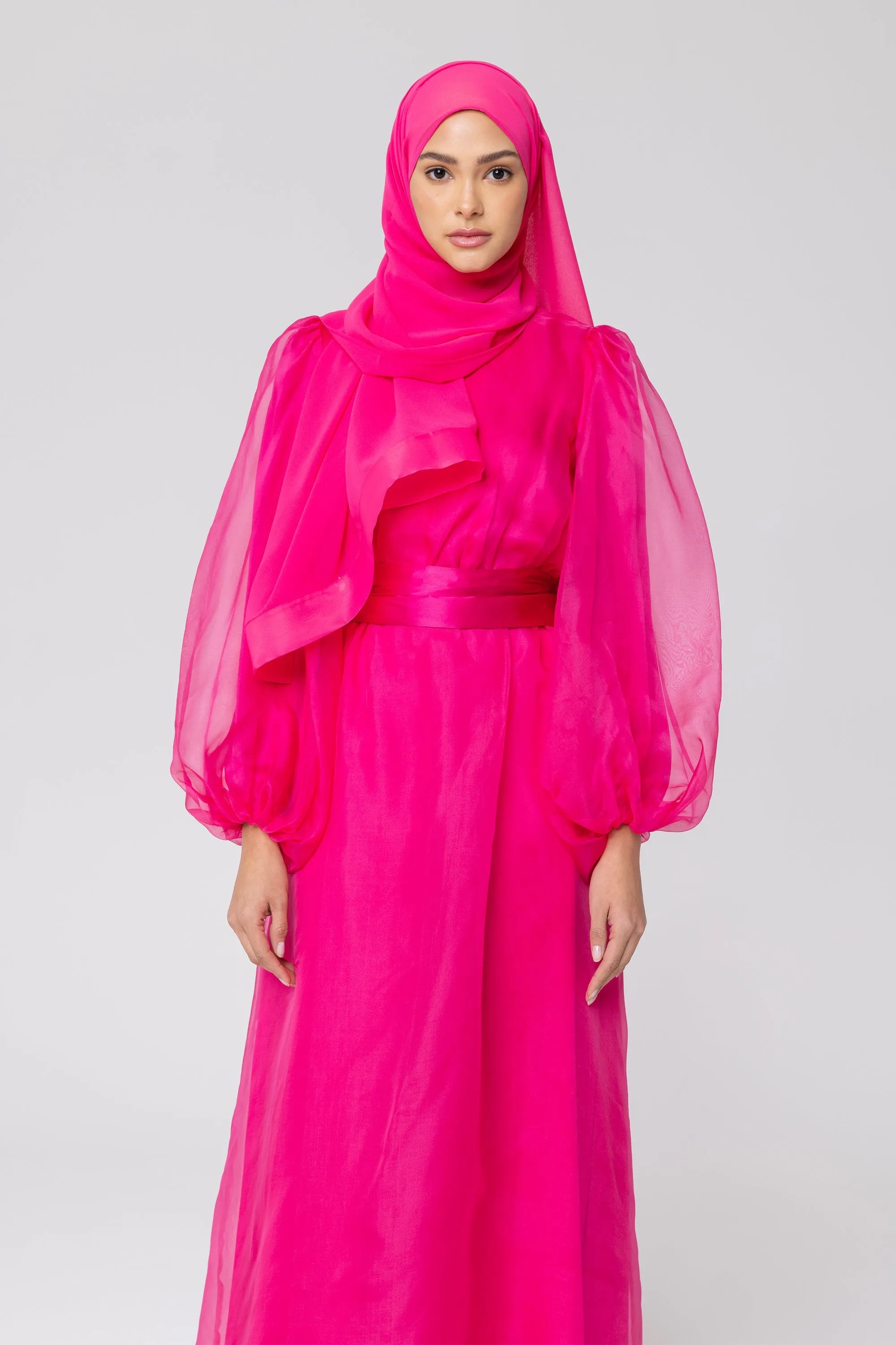 Silk Organza Balloon Sleeve A-Line Maxi Dress - Pink