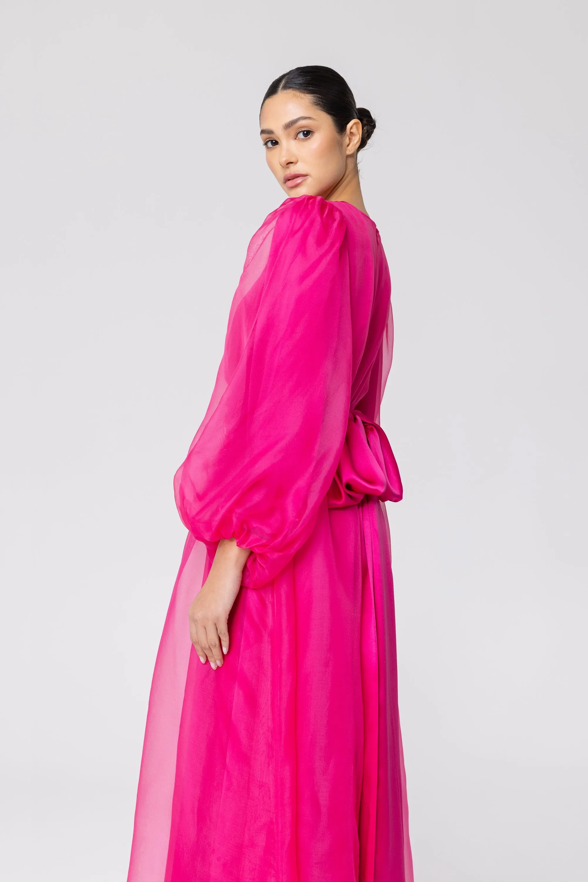 Silk Organza Balloon Sleeve A-Line Maxi Dress - Pink