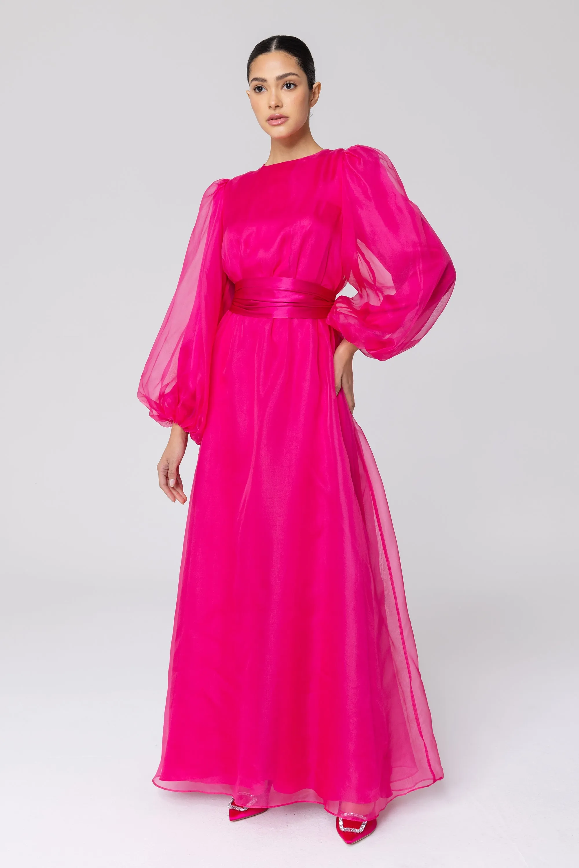 Silk Organza Balloon Sleeve A-Line Maxi Dress - Pink