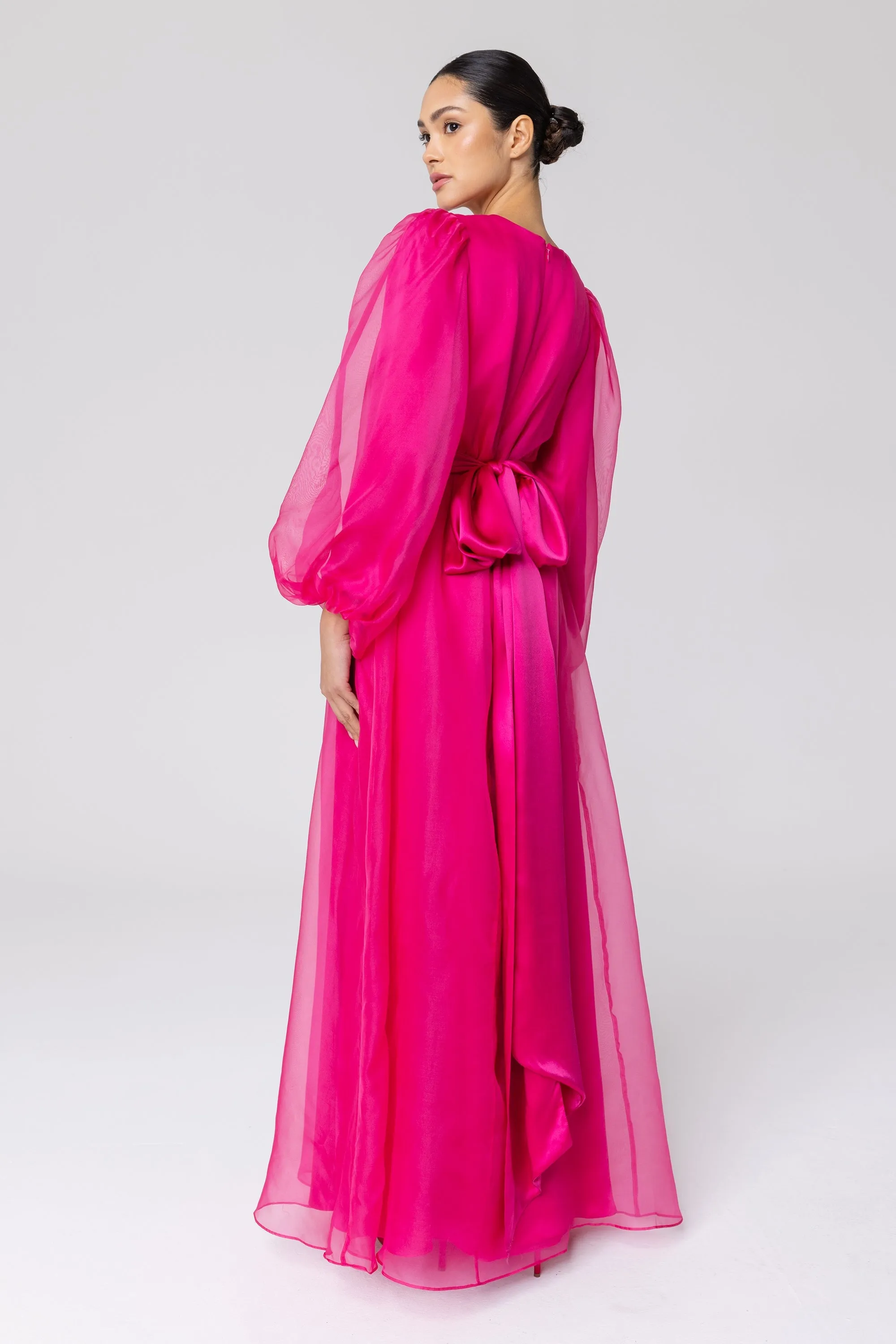 Silk Organza Balloon Sleeve A-Line Maxi Dress - Pink