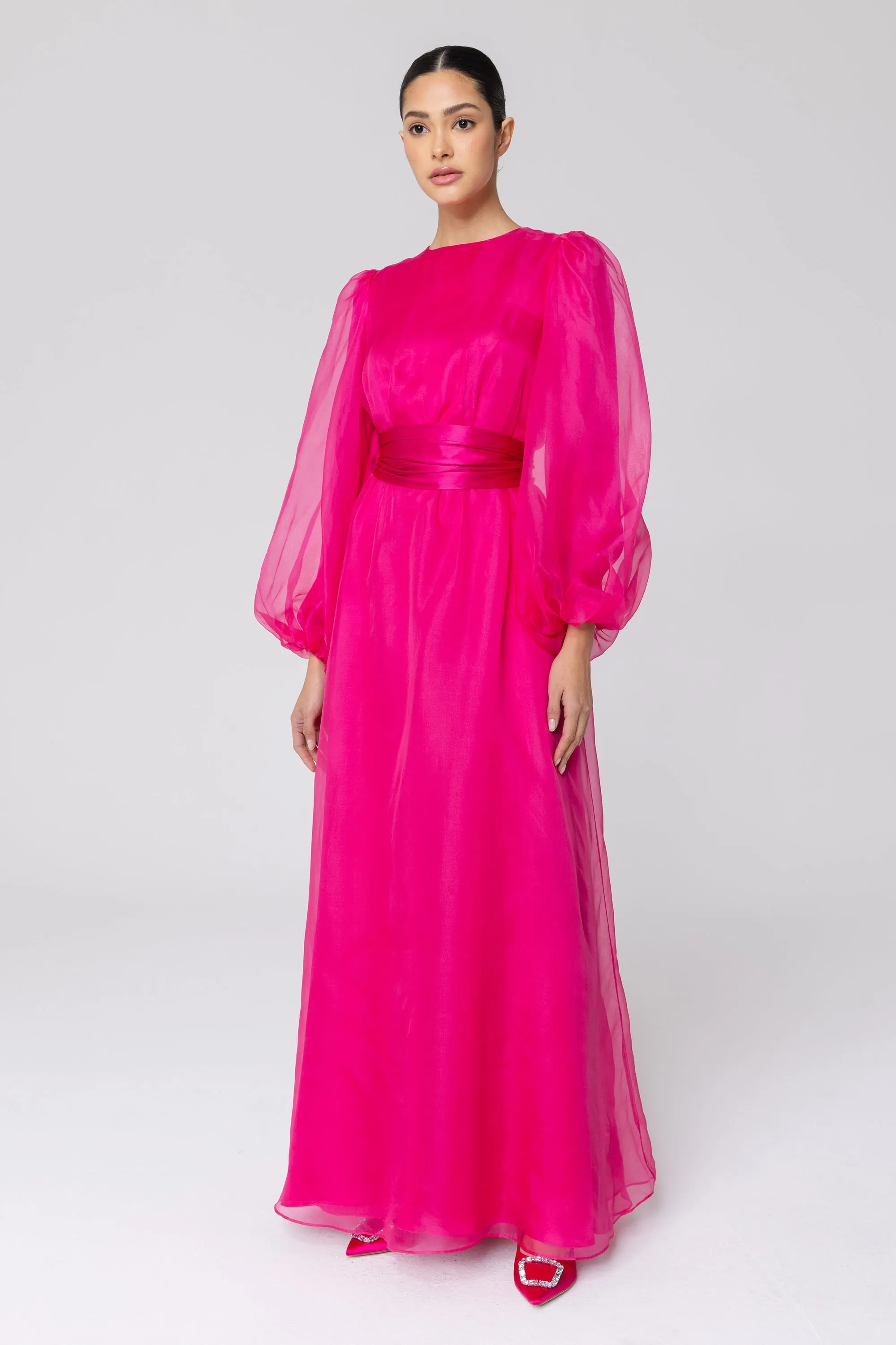 Silk Organza Balloon Sleeve A-Line Maxi Dress - Pink