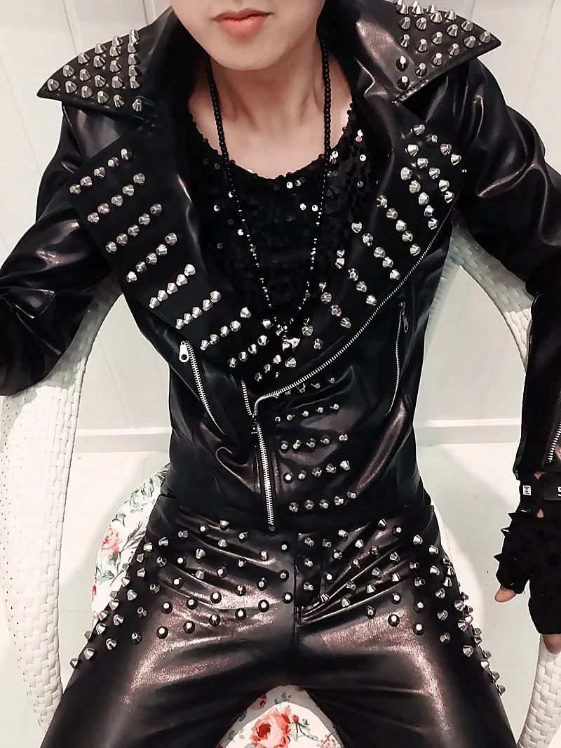 Singer Punk Rock Rivets Black Style Men Leather Jacket