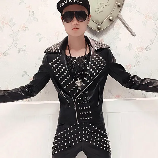 Singer Punk Rock Rivets Black Style Men Leather Jacket