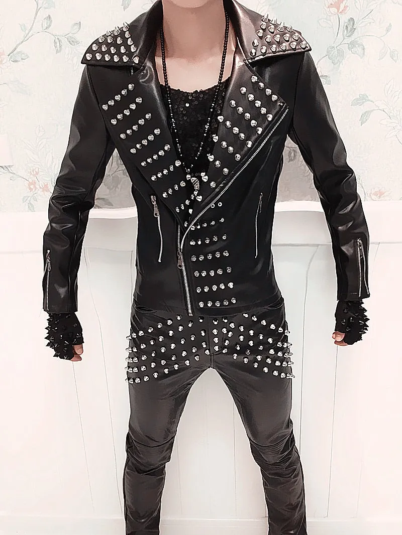 Singer Punk Rock Rivets Black Style Men Leather Jacket