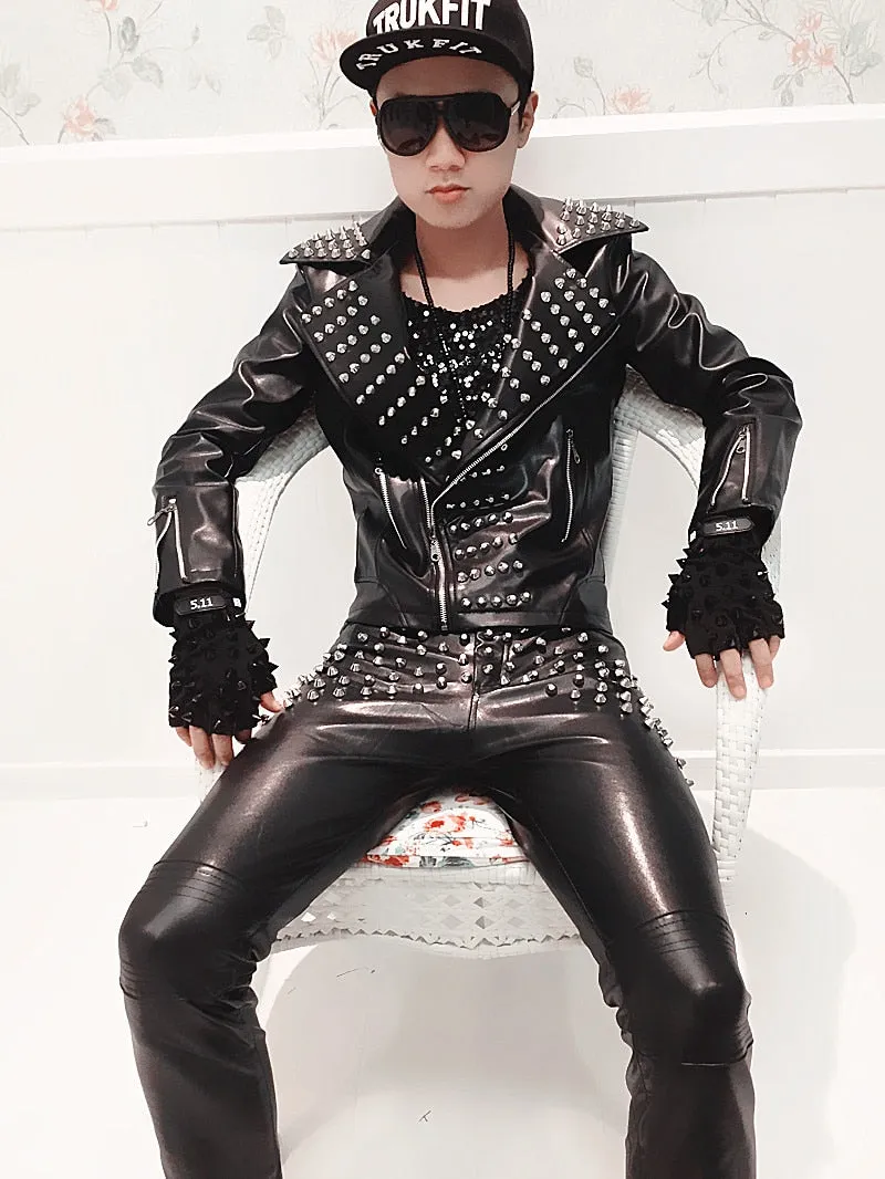 Singer Punk Rock Rivets Black Style Men Leather Jacket