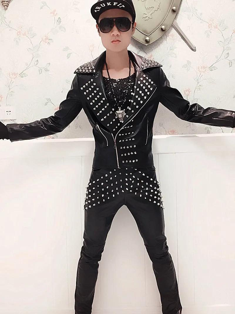 Singer Punk Rock Rivets Black Style Men Leather Jacket