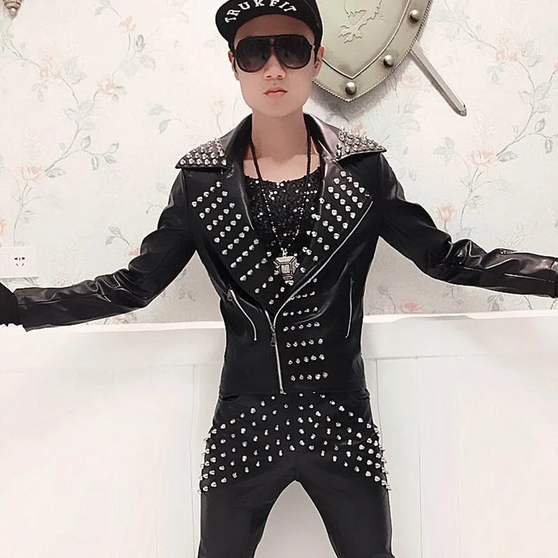 Singer Punk Rock Rivets Black Style Men Leather Jacket