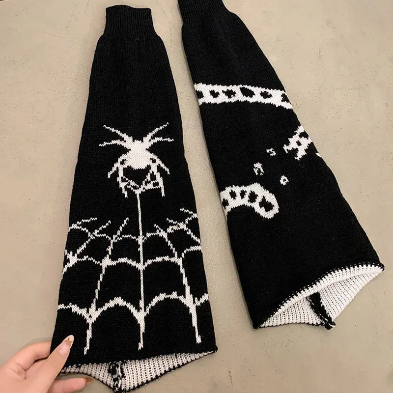 Sohiwoo Halloween Spider Web Leg Warmers Knit Dark Gothic Skull Women Warm Leg Socks Punk Harajuku Calf Stockings Jk Y2k Accessories