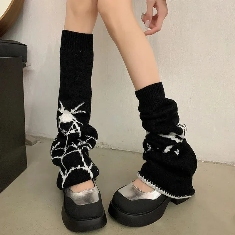 Sohiwoo Halloween Spider Web Leg Warmers Knit Dark Gothic Skull Women Warm Leg Socks Punk Harajuku Calf Stockings Jk Y2k Accessories