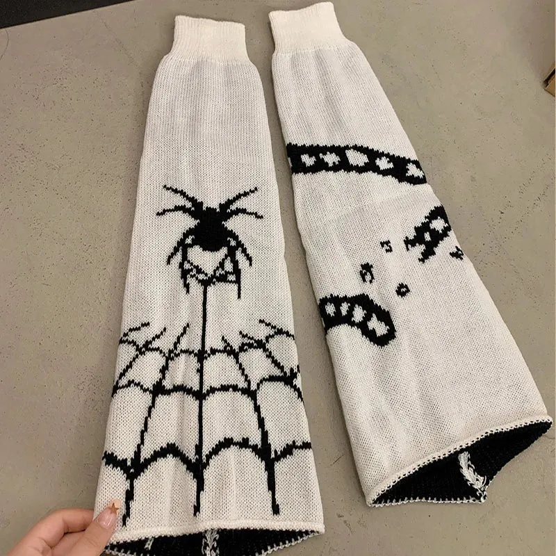 Sohiwoo Halloween Spider Web Leg Warmers Knit Dark Gothic Skull Women Warm Leg Socks Punk Harajuku Calf Stockings Jk Y2k Accessories