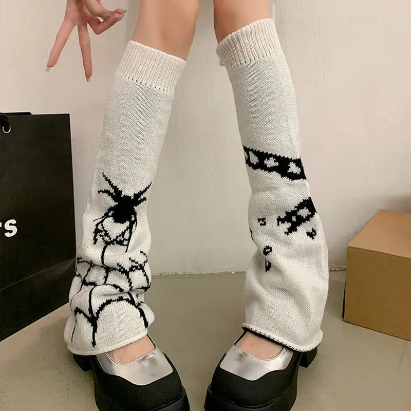 Sohiwoo Halloween Spider Web Leg Warmers Knit Dark Gothic Skull Women Warm Leg Socks Punk Harajuku Calf Stockings Jk Y2k Accessories