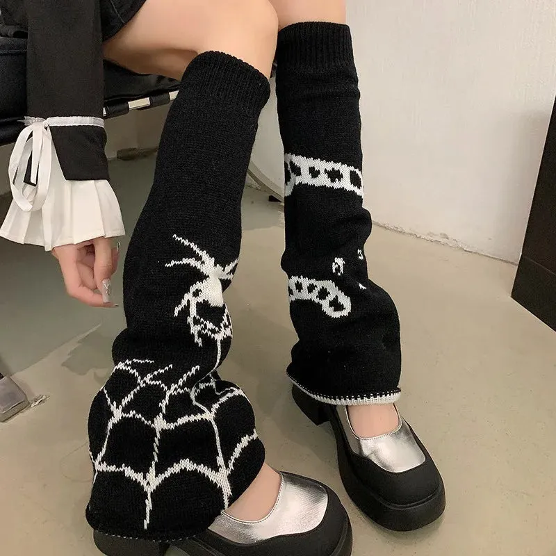 Sohiwoo Halloween Spider Web Leg Warmers Knit Dark Gothic Skull Women Warm Leg Socks Punk Harajuku Calf Stockings Jk Y2k Accessories