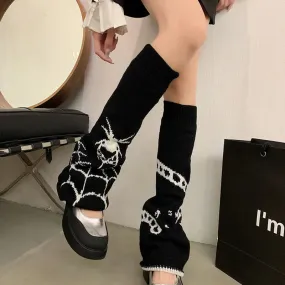 Sohiwoo Halloween Spider Web Leg Warmers Knit Dark Gothic Skull Women Warm Leg Socks Punk Harajuku Calf Stockings Jk Y2k Accessories