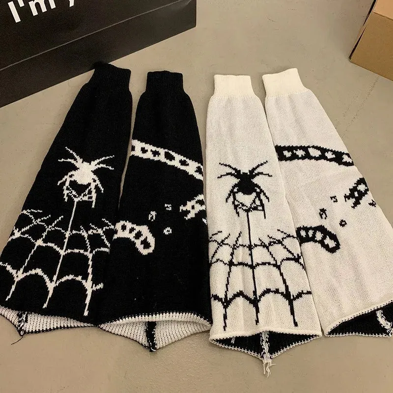 Sohiwoo Halloween Spider Web Leg Warmers Knit Dark Gothic Skull Women Warm Leg Socks Punk Harajuku Calf Stockings Jk Y2k Accessories