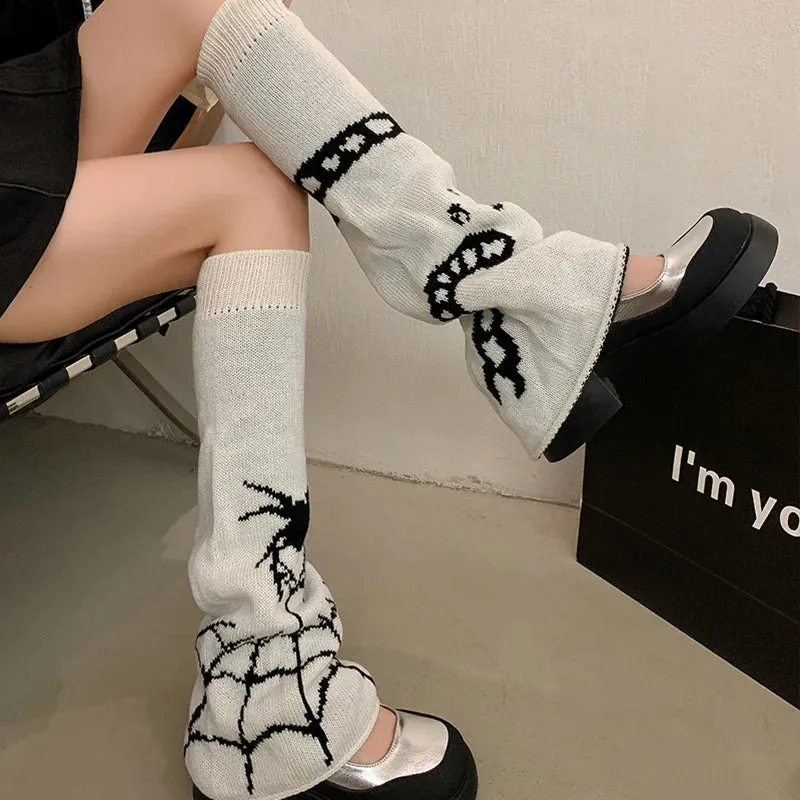 Sohiwoo Halloween Spider Web Leg Warmers Knit Dark Gothic Skull Women Warm Leg Socks Punk Harajuku Calf Stockings Jk Y2k Accessories