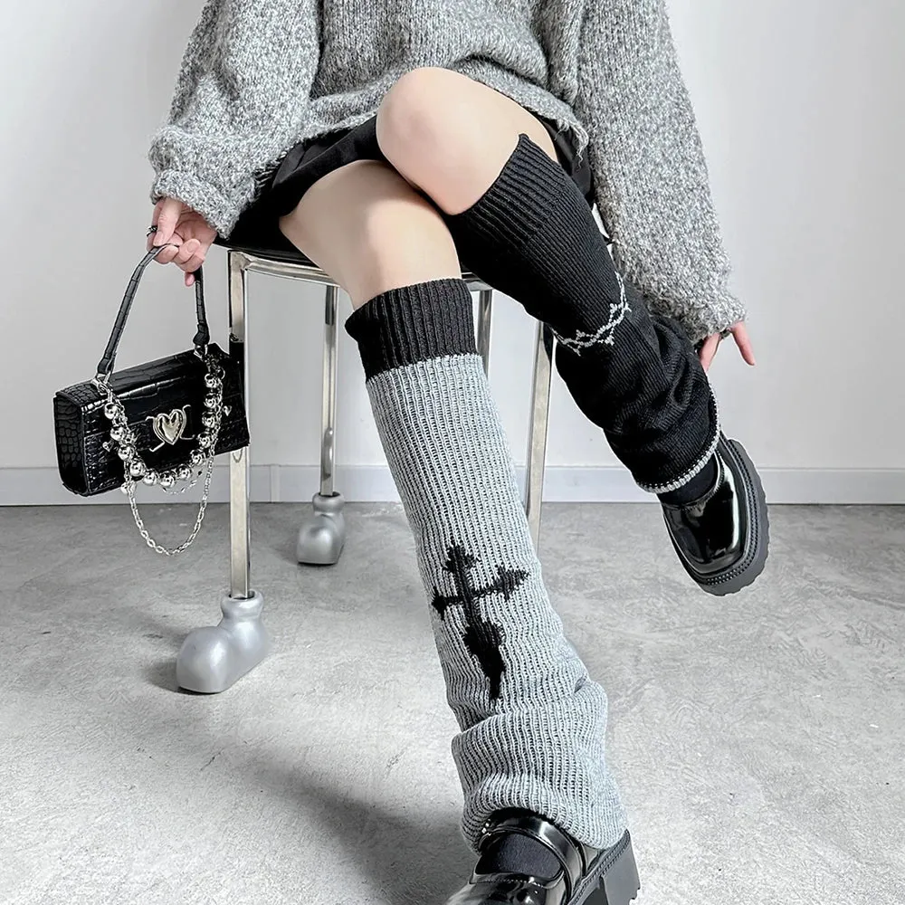 Sohiwoo Harajuku Fall Winter Knitted Striped Stars Leg Warmers Two Side Wear Loose Fit Sock  Cover Cool Girl Y2k Leg Protector Cover