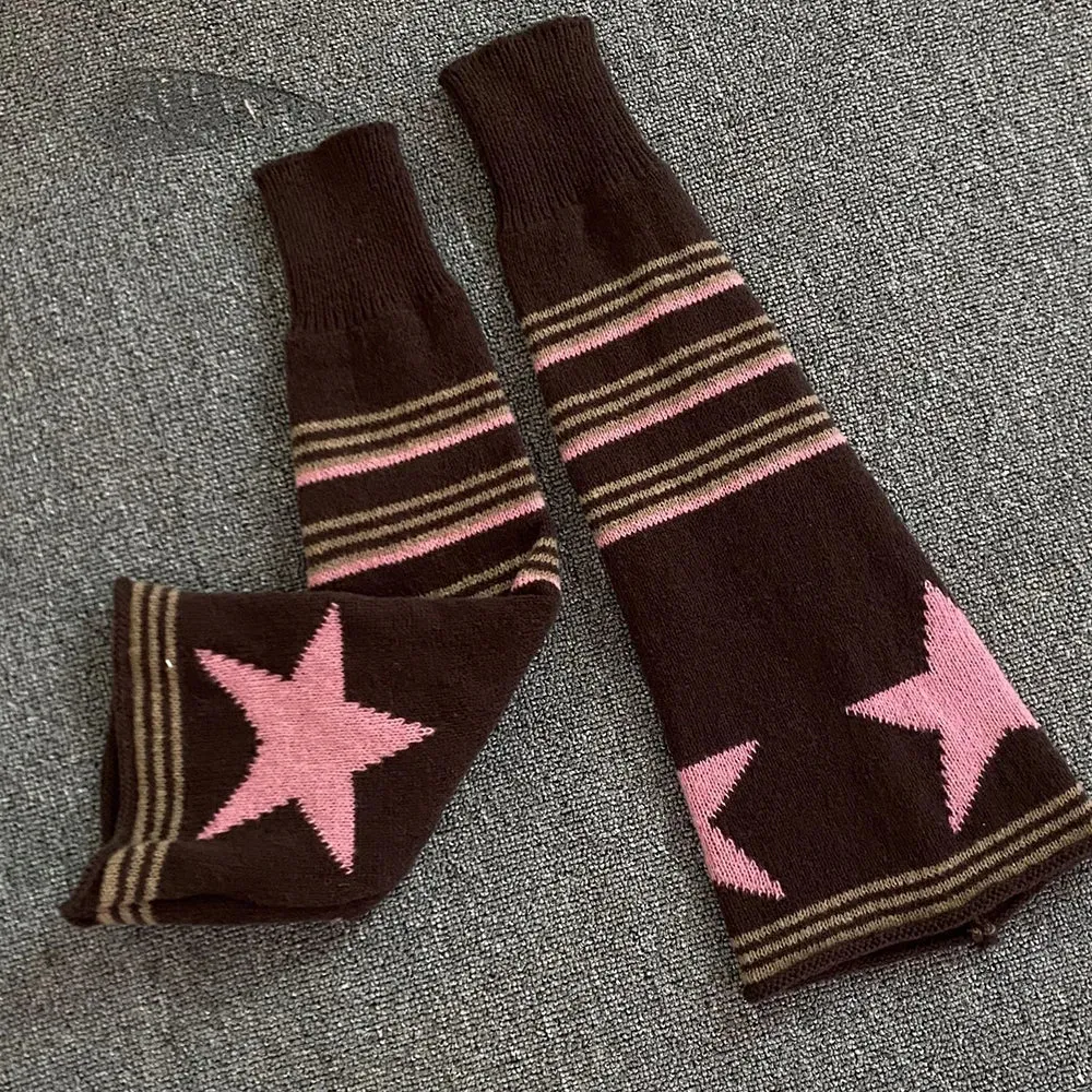 Sohiwoo Harajuku Fall Winter Knitted Striped Stars Leg Warmers Two Side Wear Loose Fit Sock  Cover Cool Girl Y2k Leg Protector Cover