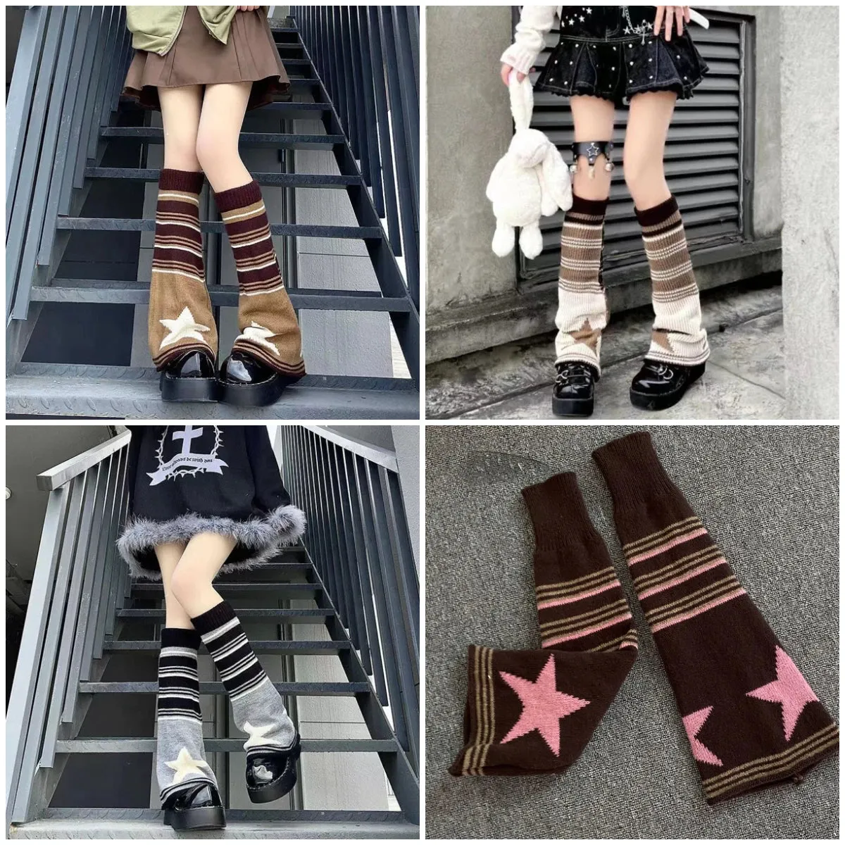 Sohiwoo Harajuku Fall Winter Knitted Striped Stars Leg Warmers Two Side Wear Loose Fit Sock  Cover Cool Girl Y2k Leg Protector Cover