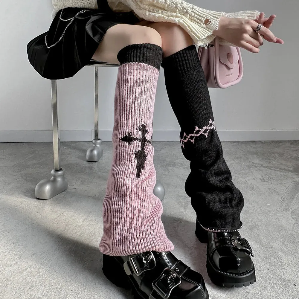 Sohiwoo Harajuku Fall Winter Knitted Striped Stars Leg Warmers Two Side Wear Loose Fit Sock  Cover Cool Girl Y2k Leg Protector Cover