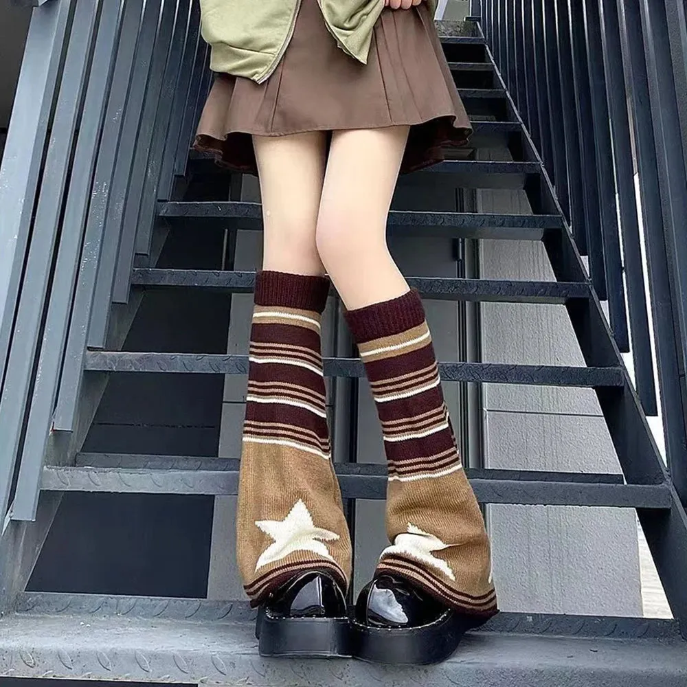 Sohiwoo Harajuku Fall Winter Knitted Striped Stars Leg Warmers Two Side Wear Loose Fit Sock  Cover Cool Girl Y2k Leg Protector Cover