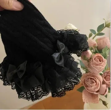 Sohiwoo Japanese Knitted Lolita Lace Bowknot Leg Covers Y2K Leg Warmers Fingerless Gothic Gloves False Sleeve Women JK Accessories