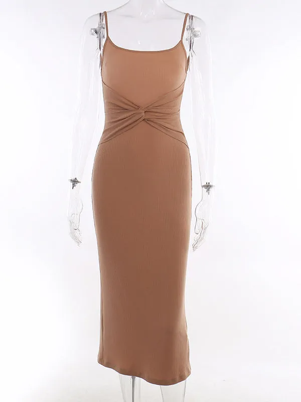 Spaghetti Strap Ruched Khaki  Midi Bodycon Dress