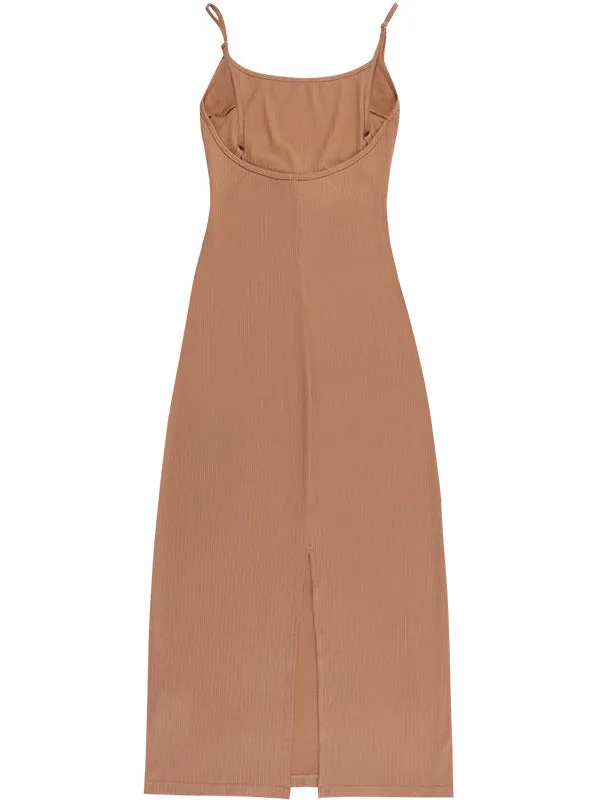 Spaghetti Strap Ruched Khaki  Midi Bodycon Dress