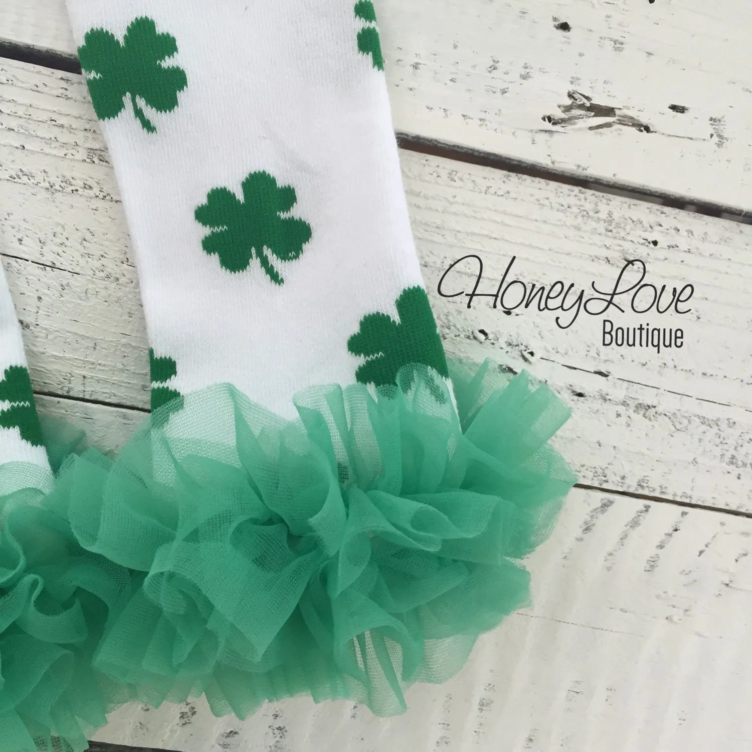 St. Patrick's Day Shamrock leg warmers with green ruffles