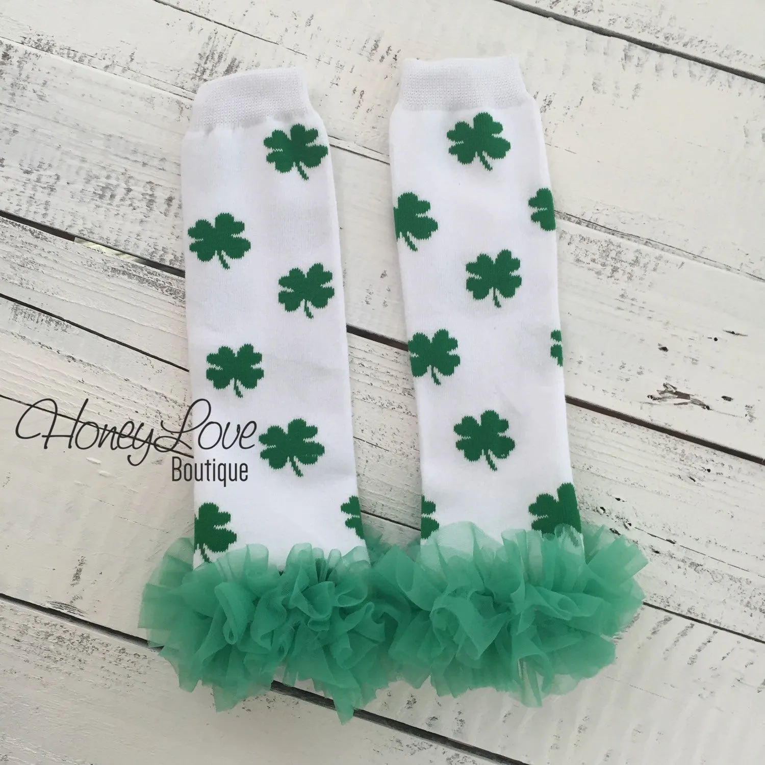 St. Patrick's Day Shamrock leg warmers with green ruffles