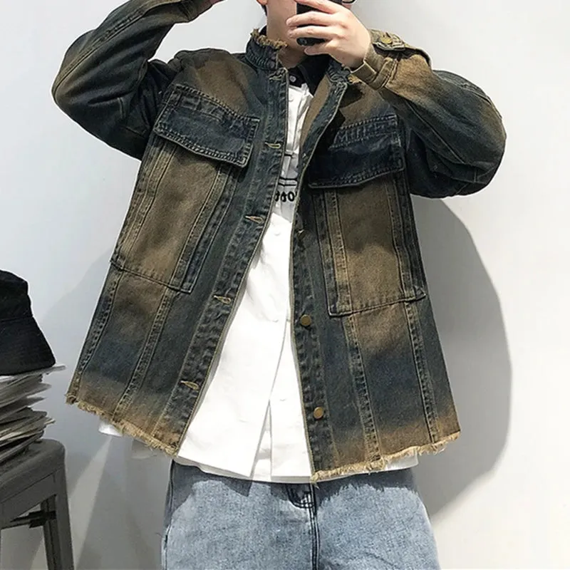 Streetwear Distress Raw Edge Denim Jacket for Men - High Quality Vintage Tops