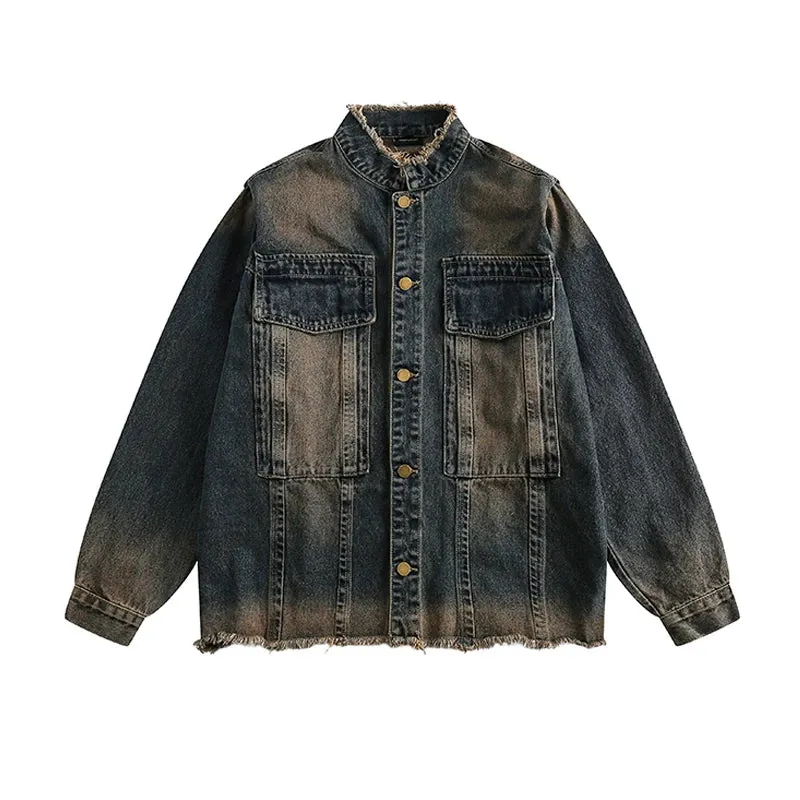 Streetwear Distress Raw Edge Denim Jacket for Men - High Quality Vintage Tops