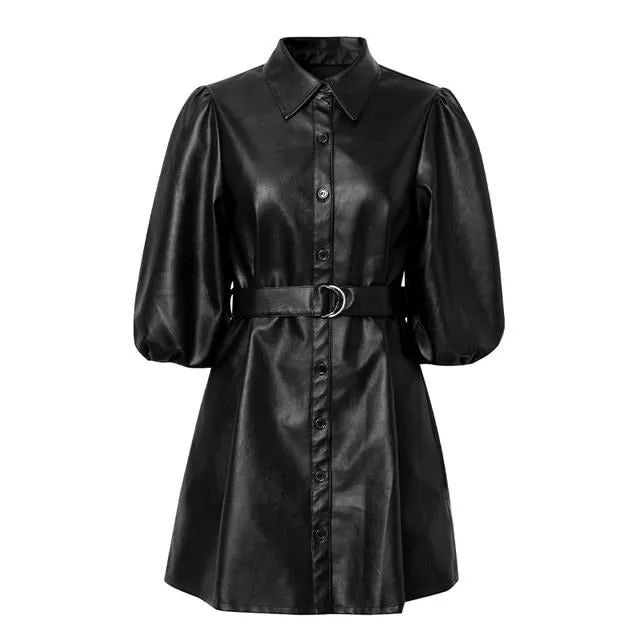 Streetwear PU Leather High Waist Faux Casual Spring Buttons Lapel Work Wear Office Mini Dress