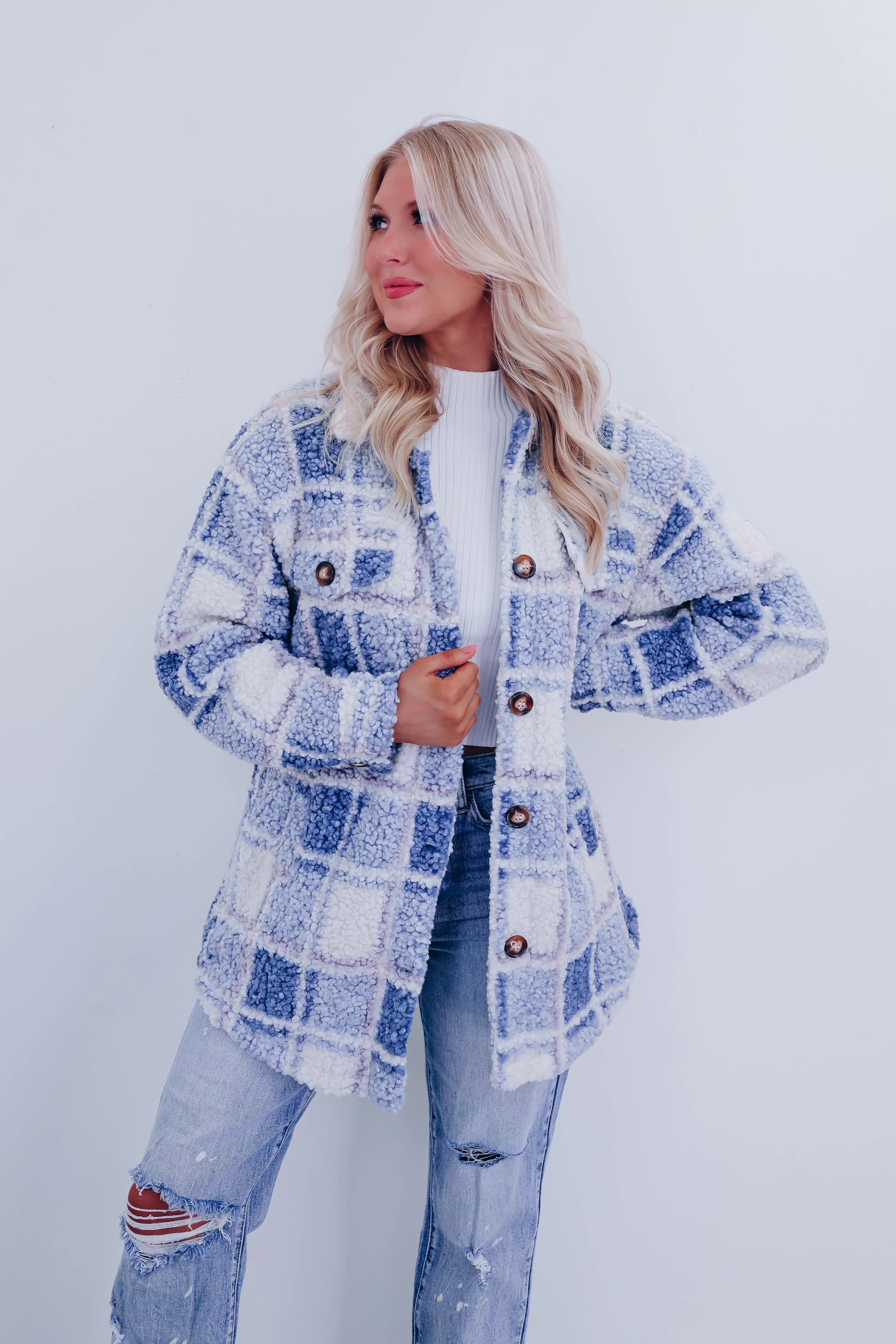 Teddy Plaid Sherpa Shacket - Blue