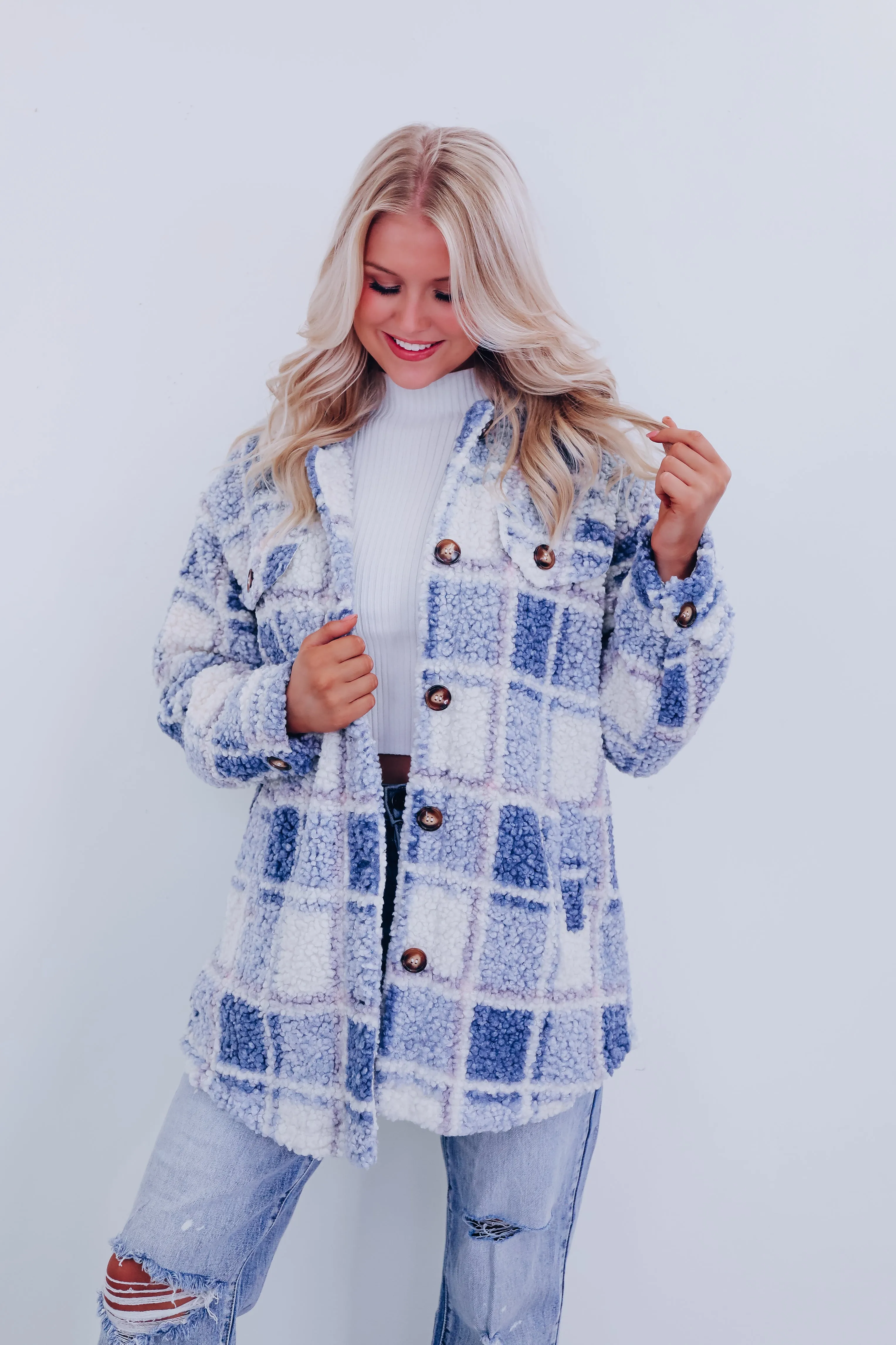 Teddy Plaid Sherpa Shacket - Blue