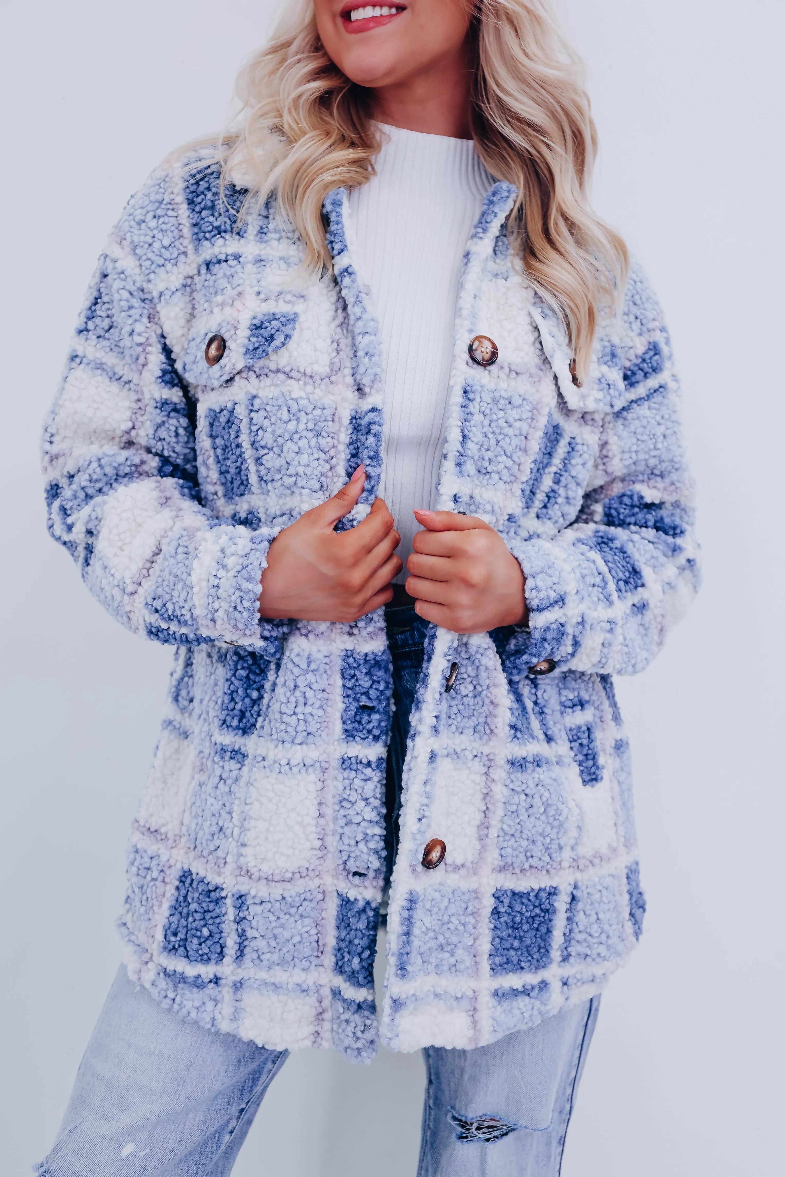 Teddy Plaid Sherpa Shacket - Blue