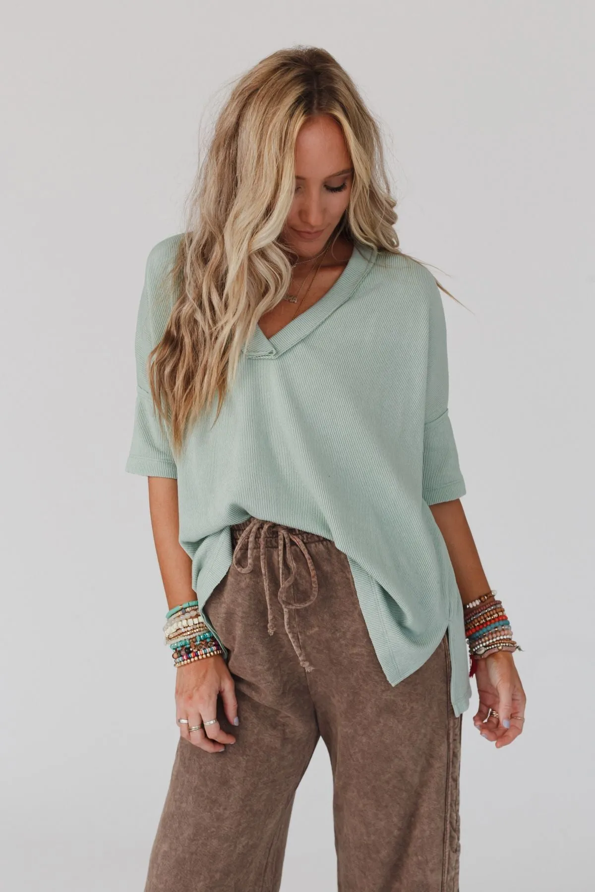 The Nest On The Go V Neck Ribbed Essential Tee - Sage