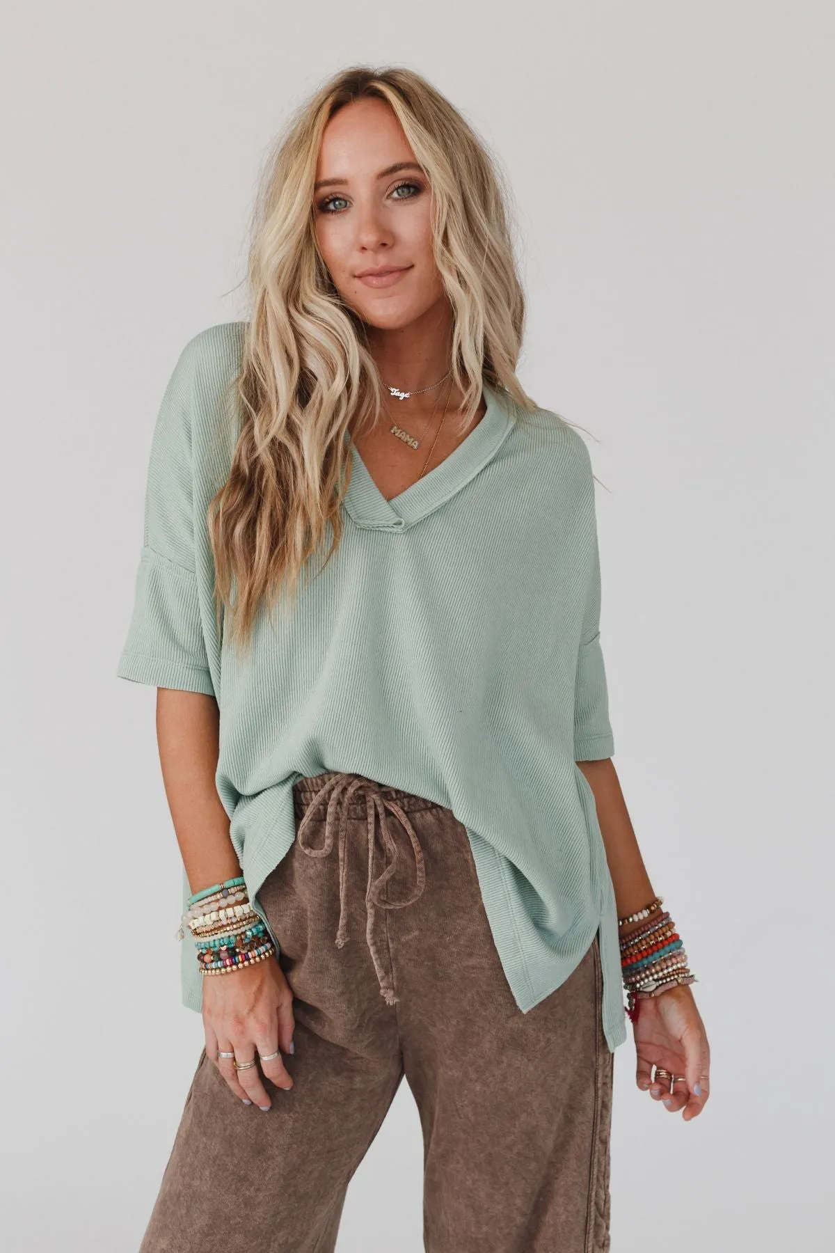 The Nest On The Go V Neck Ribbed Essential Tee - Sage