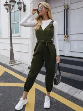 Tie Waist Surplice Neck Overall Jumpsuit