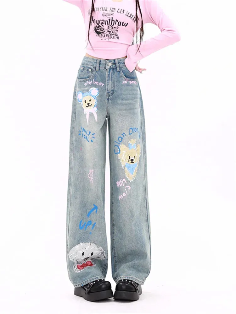 Toleet Print Blue Jeans for Women New Fashion Vintage Loose Straight High Waisted Jeans Chic Streetwear Full Length Wide Leg Jeans