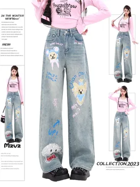 Toleet Print Blue Jeans for Women New Fashion Vintage Loose Straight High Waisted Jeans Chic Streetwear Full Length Wide Leg Jeans