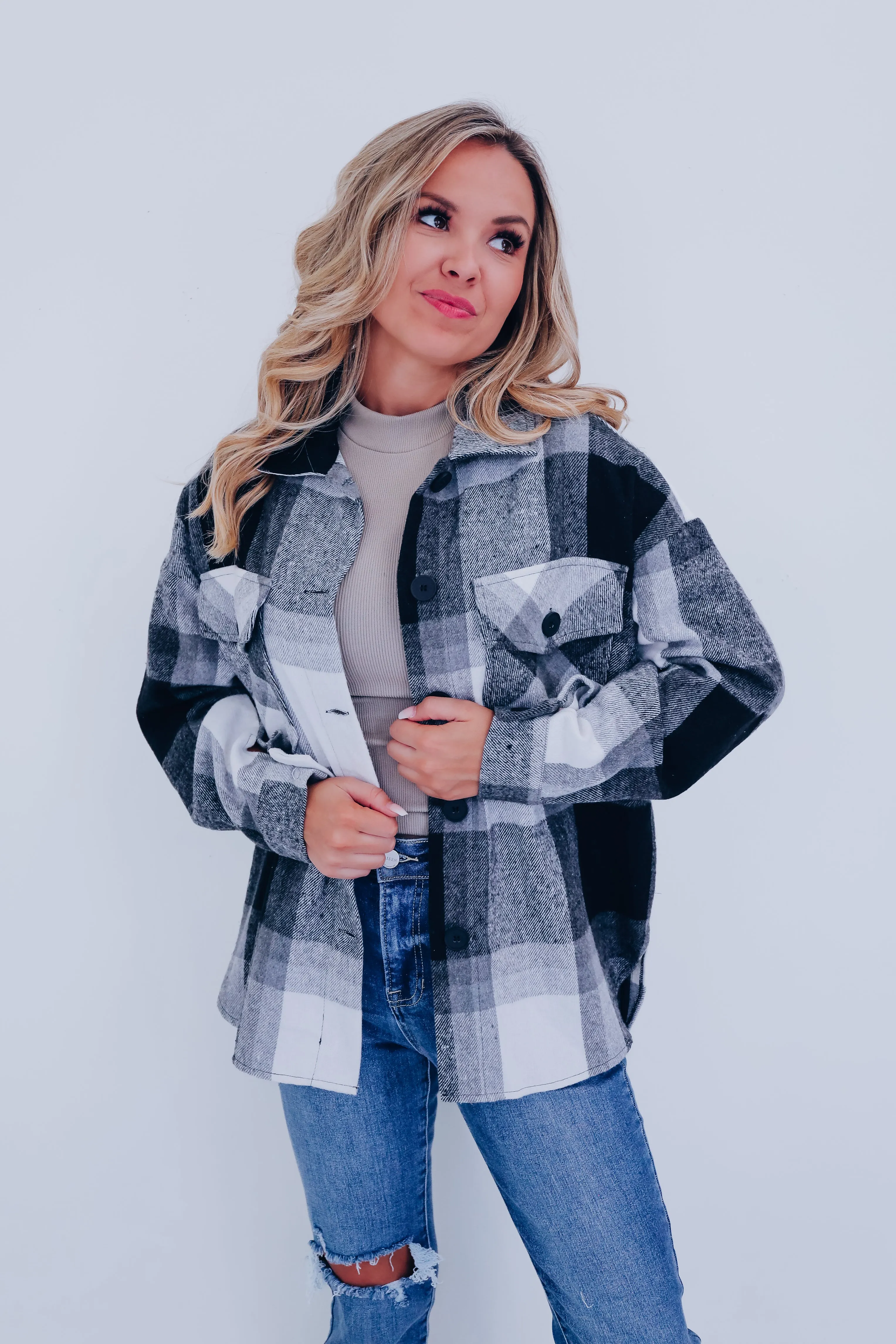 Trendy Time Plaid Shacket - Black