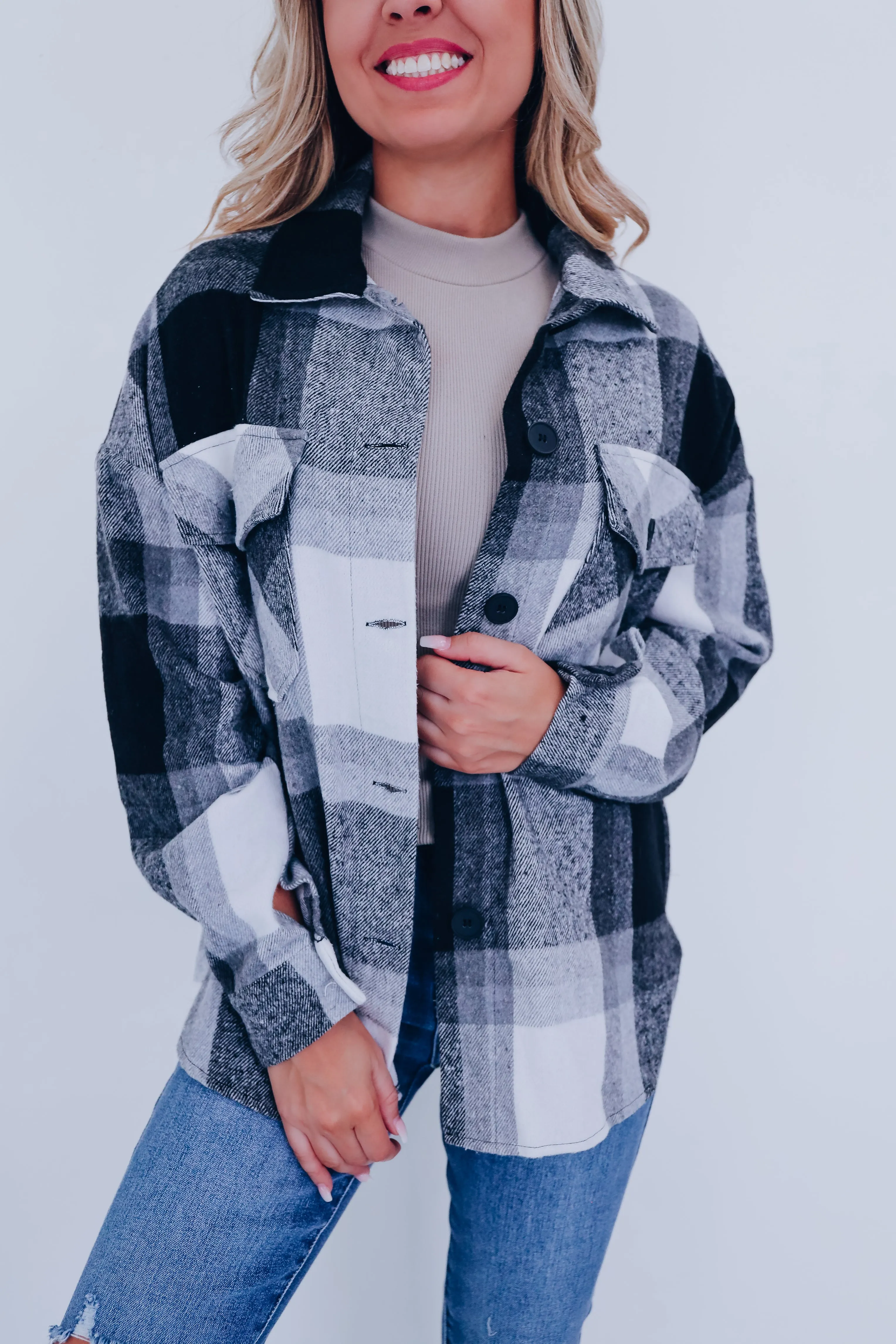 Trendy Time Plaid Shacket - Black