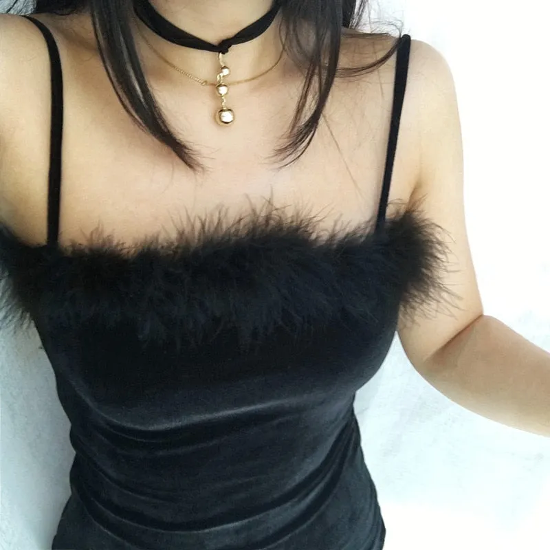 Uniwim Sexy Velvet Spaghetti Strap Dress Women Sheath Bodycon Faux Fur Black Mini Dress Party Vestido Elegant Dresses