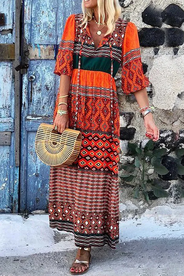 V-neck Printed Bohemian Dress