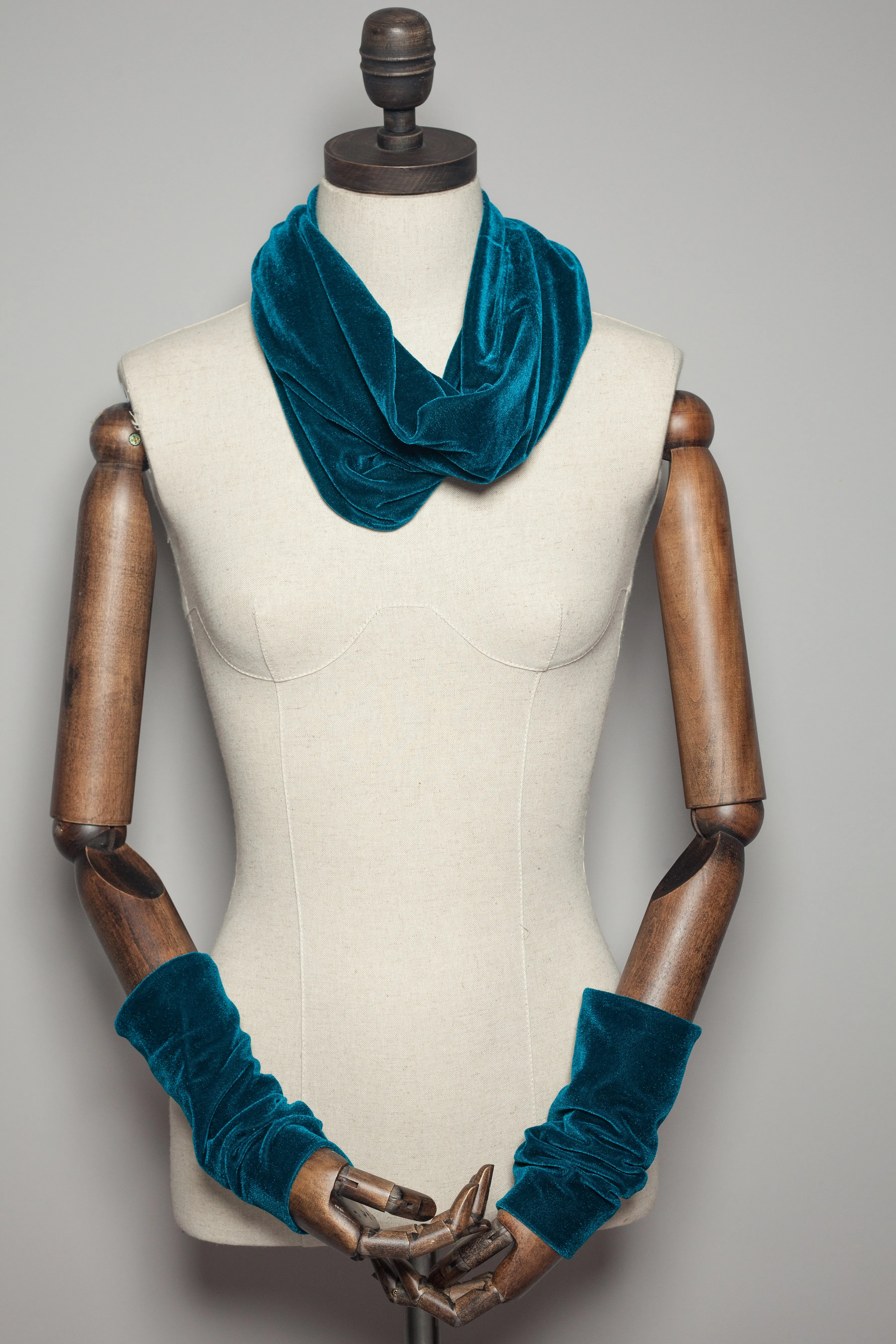 Velvet Cowl and Wrist Warmers Set in Teal