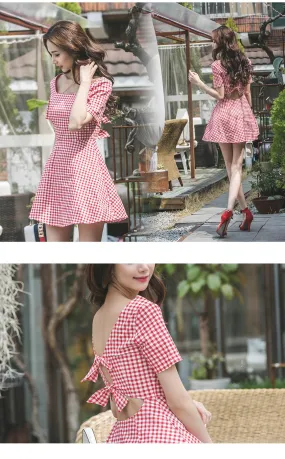 VenusFox Summer Plaid Short Sleeve Square Collar Bodycon Mini Sundress