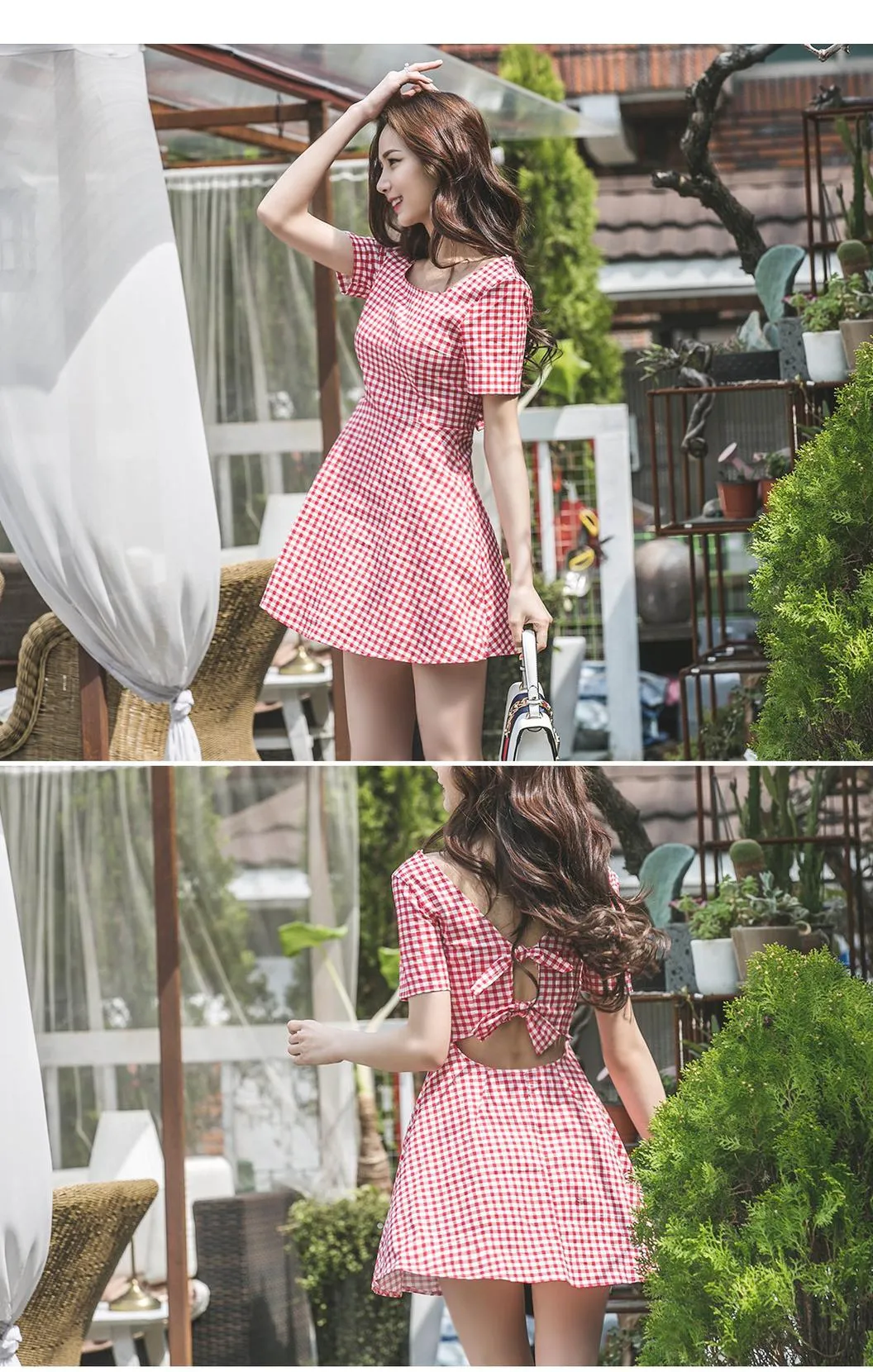 VenusFox Summer Plaid Short Sleeve Square Collar Bodycon Mini Sundress