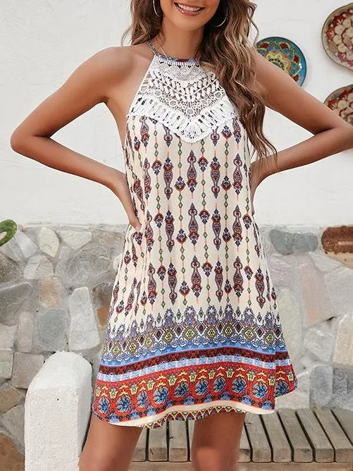 Vintage Printed Lace Stitching Bohemian Dress