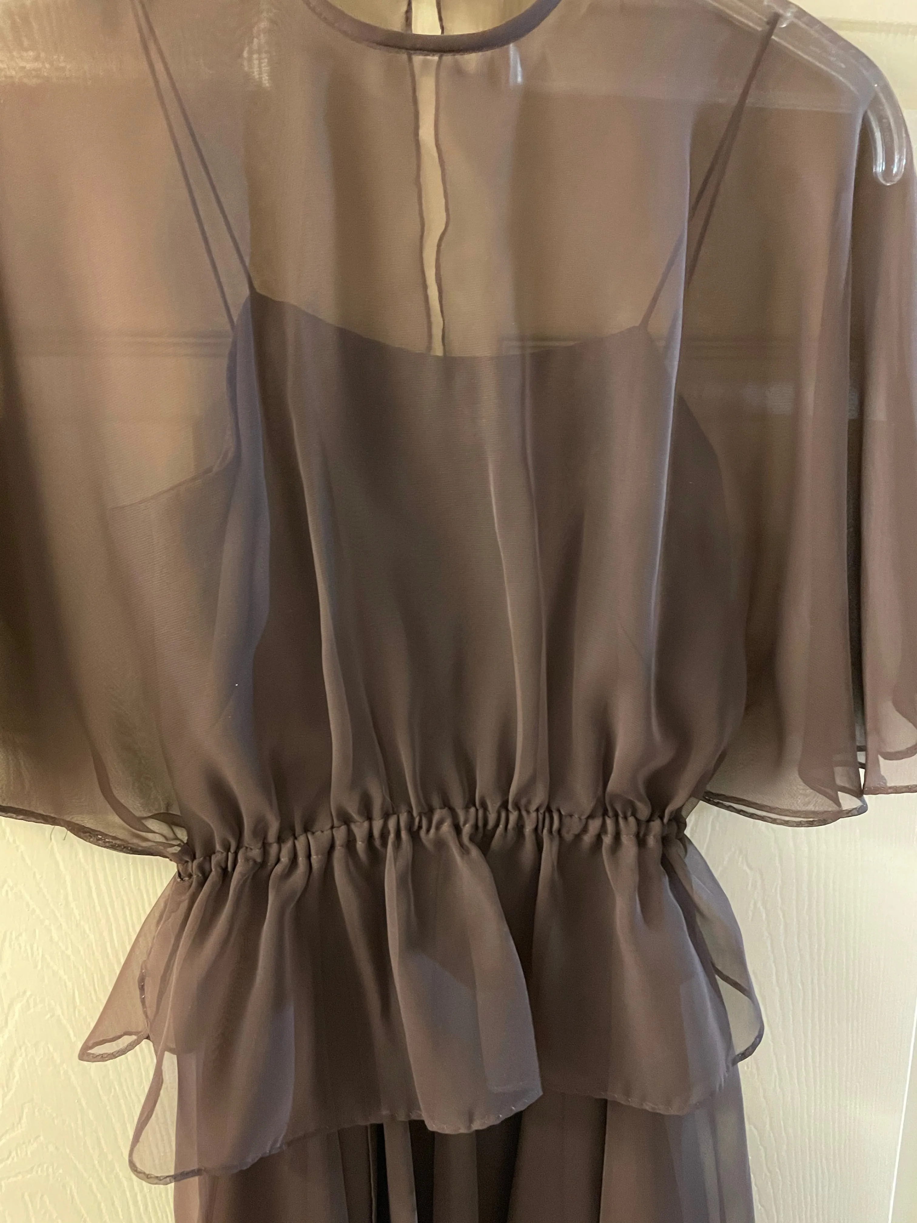 Vintage Womens MISS ELLIETTE California Brown Spaghetti Strap with Sheer Cape Cocktail Party Maxi Dress Sz 6