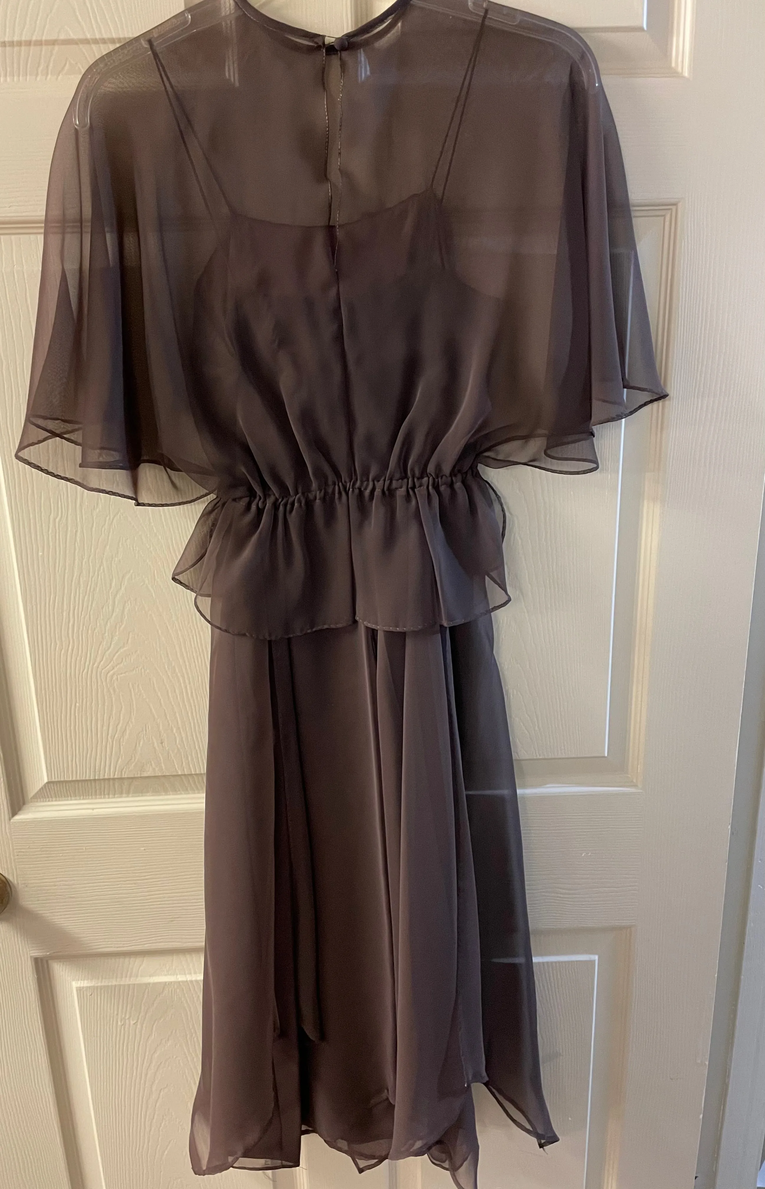 Vintage Womens MISS ELLIETTE California Brown Spaghetti Strap with Sheer Cape Cocktail Party Maxi Dress Sz 6